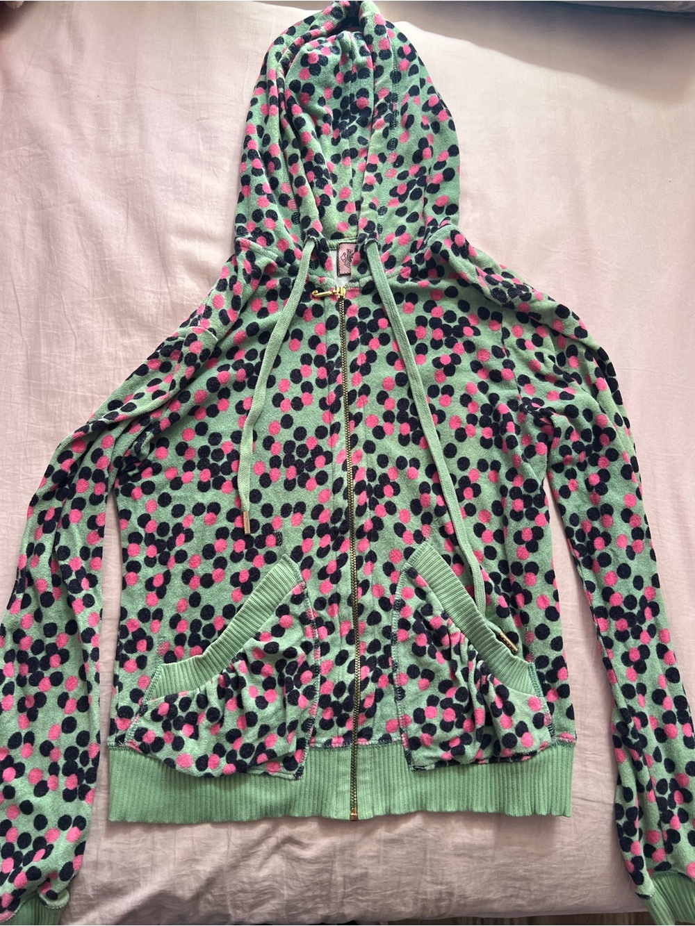Juicy Couture Mint Hoodie with Pink and Black Polka Dots